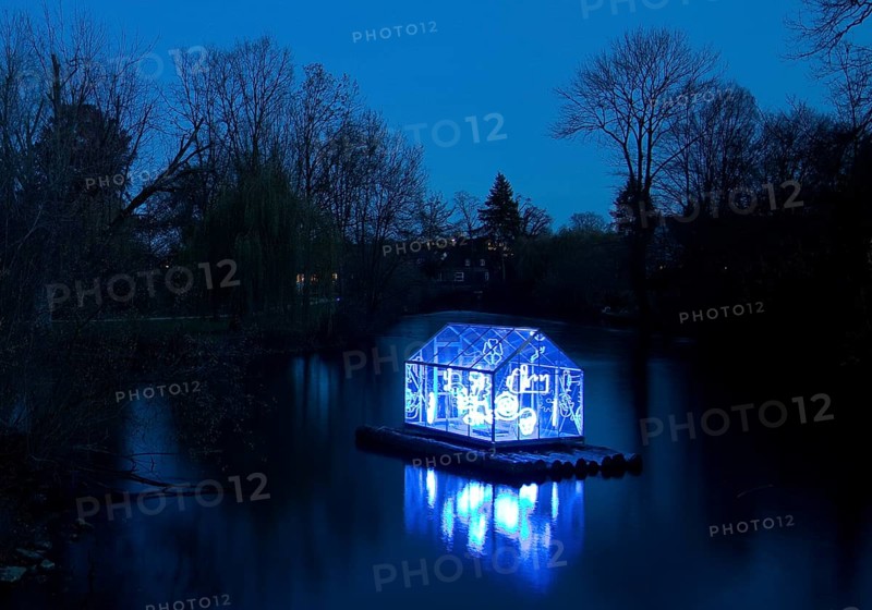 The river Lippe with the artwork Arche by Christoph Hildebrand at night, Lichtpromenade Lippstadt, North Rhine-Westphalia, Germany