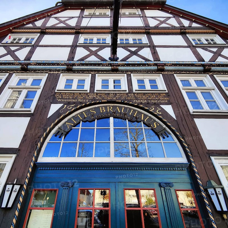 Beautiful door detail on the half-timbered Altes brewhouse in the historic city center of Lippstadt, Altstadt, North Rhine-Westphalia, Germany