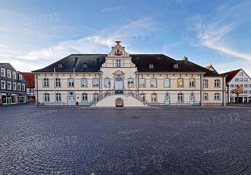 Large, empty town hall square with town hall, Lippstadt, North Rhine-Westphalia, Germany