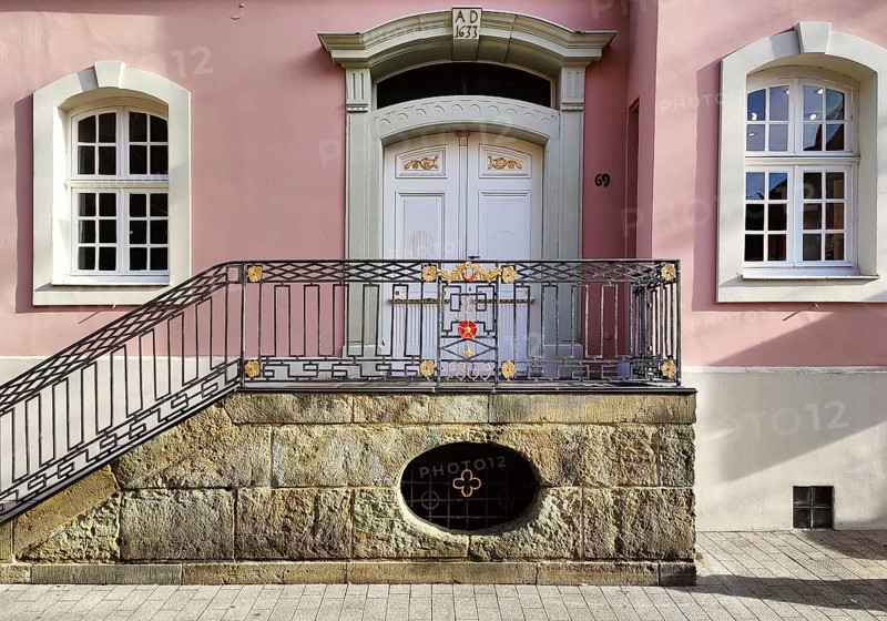 House detail, faÃ§ade with staircase and entrance door, Old Town, Lippstadt, North Rhine-Westphalia, Germany