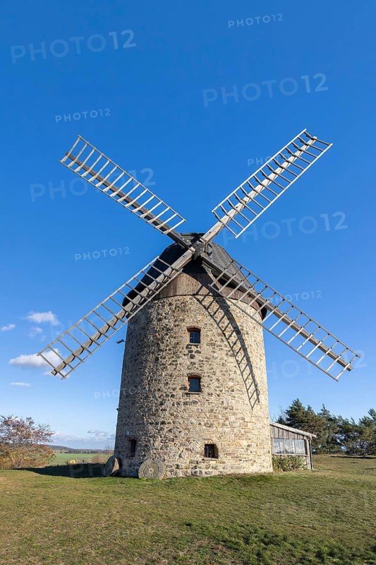 1855 Warnstedter MÃ¼hle, TeufelsmÃ¼hle, stone windmill in the village Warnstedt, Thale, Harz district, Saxony-Anhalt, Sachsen-Anhalt, Germany