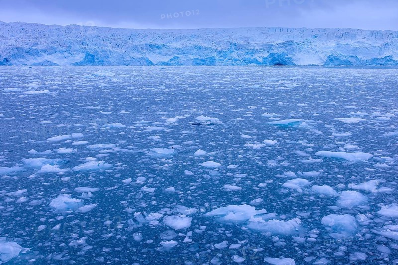 Calving Lilliehöökbreen glacier and resulting ice field in the Lilliehöök Fjord, Lilliehöökfjorden, Albert I Land, Spitsbergen, Svalbard