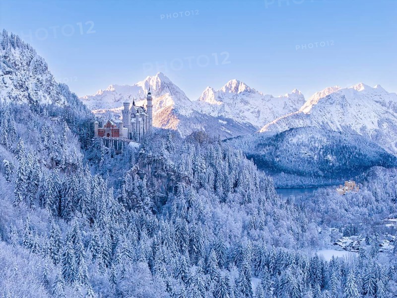 Picturesque picture of Neuschwanstein Castle nestled in a magnificent winter landscape with mountains and forests, Schwangau near FÃ¼ssen, OstallgÃ¤u, AllgÃ¤u, Bavaria, Germany
