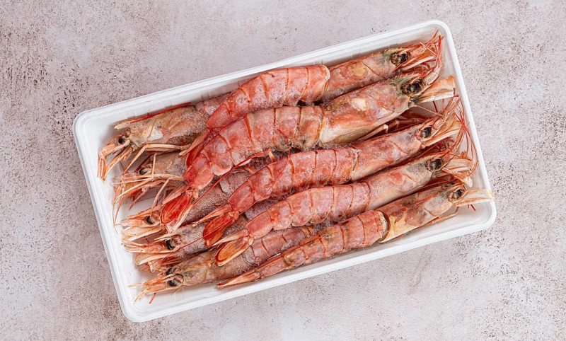 Fresh frozen Argentine shrimp, laid out in a container, top view, no people