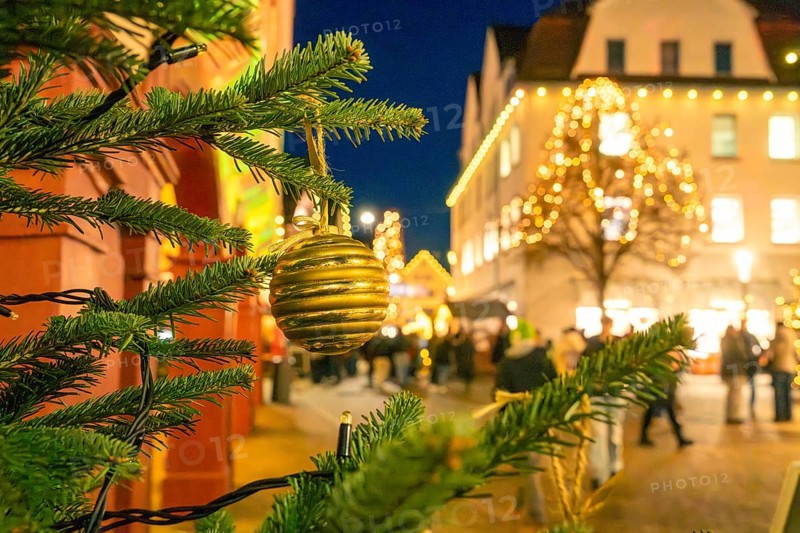 Christmas market lighting in an urban environment with tree balls in the foreground, Christmas market 2025, Nagold, Black Forest, Calw district, Germany