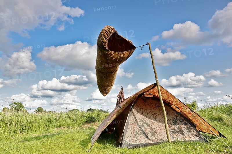 Camp of a nature photographer, pictorial representation of wind, windsock, Peenetal nature park Park, Mecklenburg-Western Pomerania, Germany