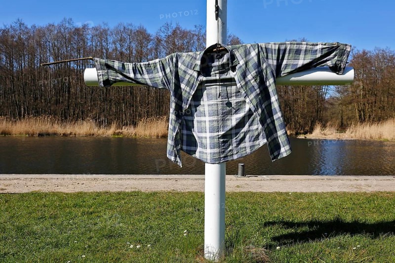 Clothes hung to dry by a nature photographer, washing clothes under outdoor conditions, Peenetal nature park Park, Mecklenburg-Western Pomerania, Germany