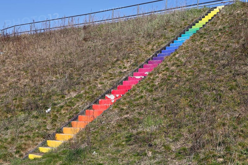 Rainbow staircase near Jarmen an der Peene, stylized rainbow flag, symbol of the LGBTQ movement, Peenetal nature park Park, Mecklenburg-Western Pomerania, Germany
