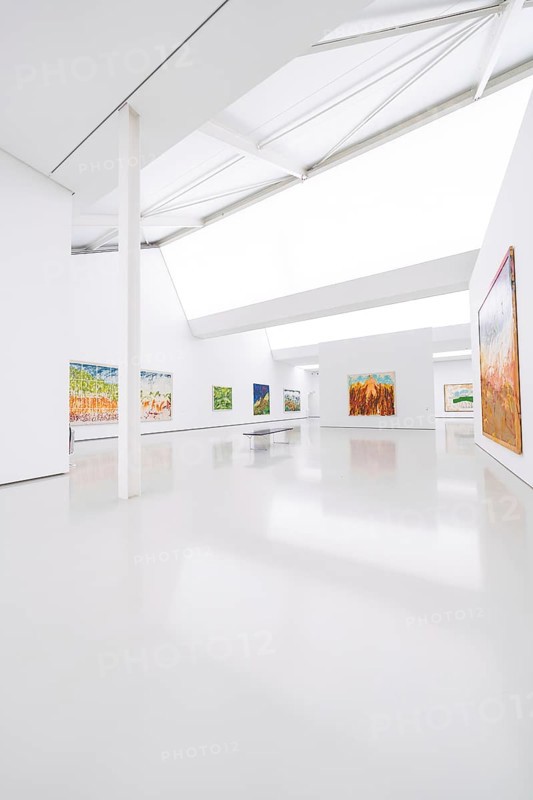 Bright art gallery with various paintings on white walls in modern design, Open Horizons exhibition, Schauwerk Sindelfingen, BÃ¶blingen district, Germany