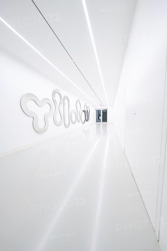 A bright, narrow corridor with artistic wall decorations in modern style, Open Horizons exhibition, Schauwerk Sindelfingen, BÃ¶blingen district, Germany