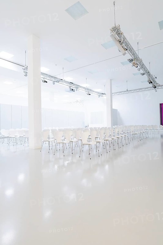 Minimalistic hall with rows of white chairs and bright light sources, Open Horizons exhibition, Schauwerk Sindelfingen, BÃ¶blingen district, Germany