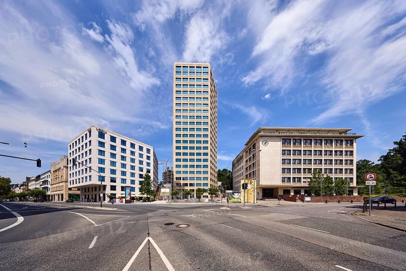 Commercial building, building, high-rise building, general architecture, residential tower, Hessian Ministry of Labour, Integration, Youth and Social Affairs, Apartment Hotel Adina Hotels, lanes, street, trees, blue sky, altocumulus clouds, cirrus clouds, intersection between TaunusstraÃŸe, Cansteinsberg, Sonnenberger StraÃŸe and WilhelmstraÃŸe, Wiesbaden, state capital, district-free city, Hesse, Germany