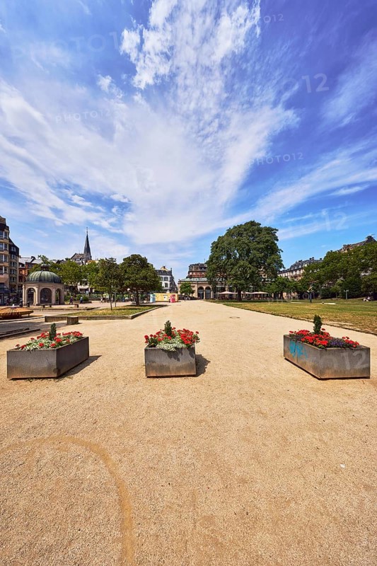 Park, trees, flower pots, plants, lawn, paths, pavilion, general architecture, church tower, blue sky, cumulus clouds, cirrus clouds, Kochbrunnenplatz, Wiesbaden, state capital, district-free city, Hesse, Germany