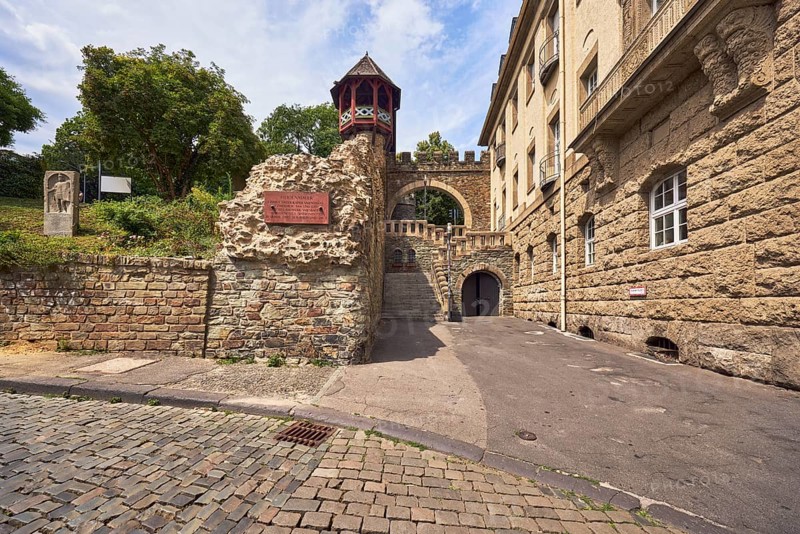 City fortification, historic city wall Römertor, historicizing city gate Heidenmauer, building, faÃ§ade with downpipe and windows, sandstone wall, trees, meadow, blue sky, cumulus clouds, milky blue sky, street Am Römertor, Wiesbaden, state capital, district-free city, Hesse, Germany