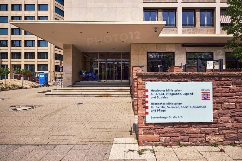 Hessian Ministry of Labour, Integration, Youth and Social Affairs, covered entrance area, staircase, sandstone wall, Ministry sign, sunny, Sonnenberger StraÃŸe, Wiesbaden, state capital, district-free city, Hesse, Germany