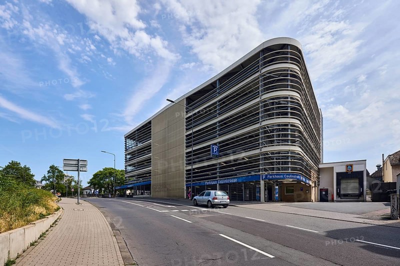 CoulinstraÃŸe car park, modern architecture, pavement made of concrete paving stones, wall made of concrete slabs, trees, meadow, car, blue sky, altocumulus clouds, CoulinstraÃŸe, Wiesbaden, state capital, independent city, Hesse, Germany