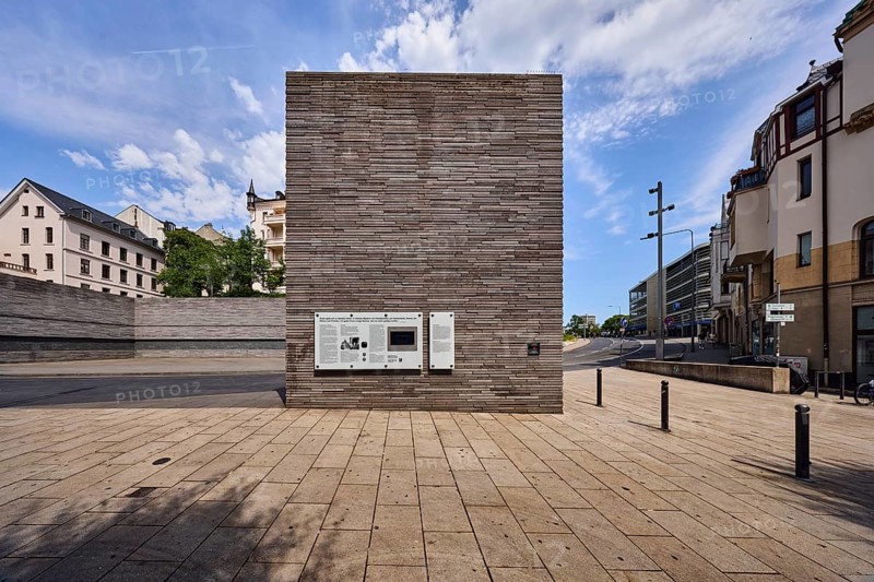 Memorial to the murdered Wiesbaden Jews, memorial, historical event, general architecture, barrier bollard, pavement made of concrete paving stones, blue sky, altocumulus clouds, cirrus clouds, CoulinstraÃŸe, Wiesbaden, state capital, district-free city, Hesse, Germany