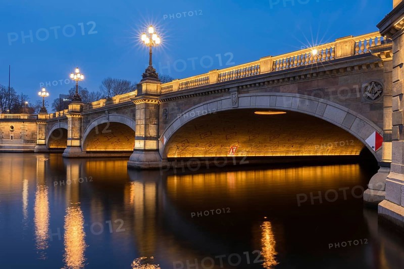 The Lombard Bridge on the Inner Alster and Outer Alster at Blue Hour with reflections in the water, Hamburg, Germany