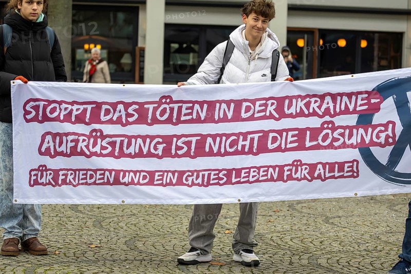Demonstration against compulsory military service in Ludwigshafen am Rhein***Picture: Flag with the inscription STOP KILLING IN UKRAINE