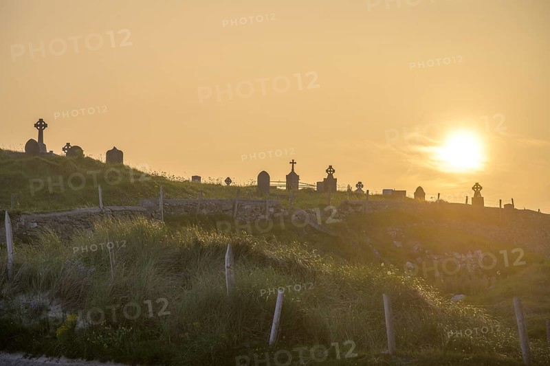 Cemetery in the evening light, Gurteen Camping, Roundstone, County Galway, Ireland