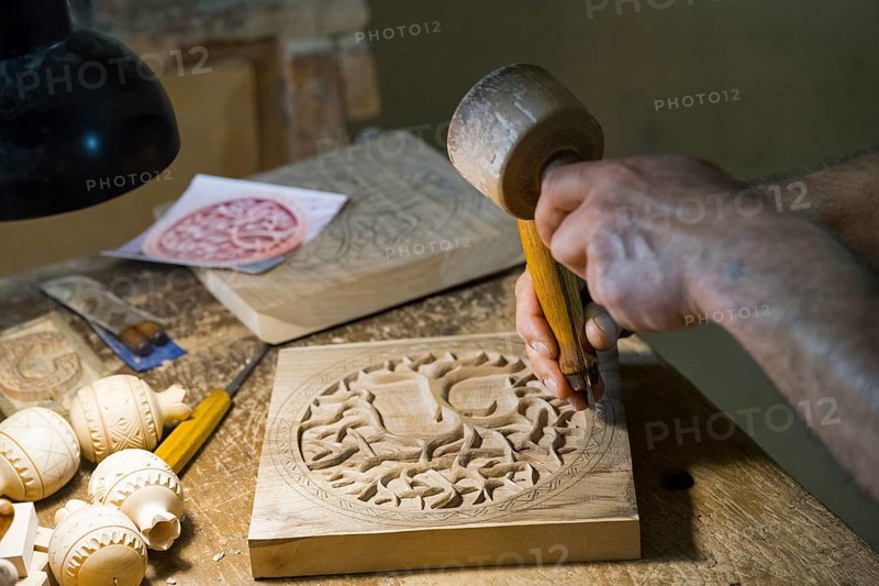 Craftsmanship in a workshop where wood is carved and hand tools are visible, Old Town, Sharambeyan Street, Dilijan, Delijan, Delijan, Tavush Province, Armenia