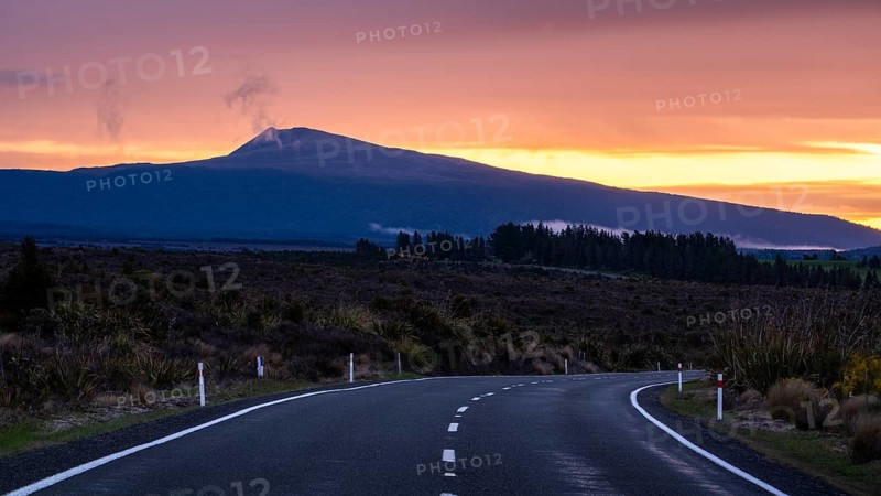 Roadshot, landscape and road SH 47 at sunset, Mount Hauhungatahi in the background. Tongariro National Park, North Island, New Zealand