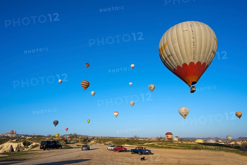 Several balloons float over a vast meadow landscape, with cars on the ground, hot air balloons, Göreme Tarihî Millî ParkÄ±, Nevsehir province, Nevsehir, Cappadocia, Capadocia, Cappadocia, Central Anatolia, Turkey