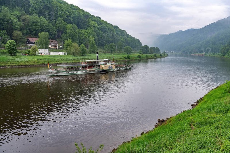 The paddle steamer Kurort Rathen on the Elbe between Germany and the Czech Republic near HÅ™ensko, Czech Republic