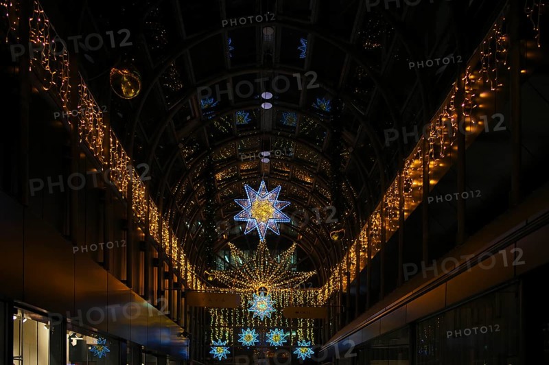 Night view, Calwer Passage, shopping mall, covered, decorated for Christmas, decoration, Christmas decoration, empty, abandoned, Stuttgart, Baden-WÃ¼rttemberg, Germany