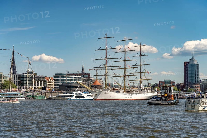 Incoming parade of ships and sailboats at Hafengeburtstag Hamburg 2025 in the Hanseatic City of Hamburg, Germany