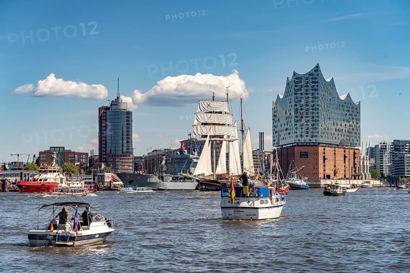Incoming parade of ships and sailboats at Hafengeburtstag Hamburg 2025 in front of the Elbe Philharmonic Hall in the Hanseatic City of Hamburg, Germany