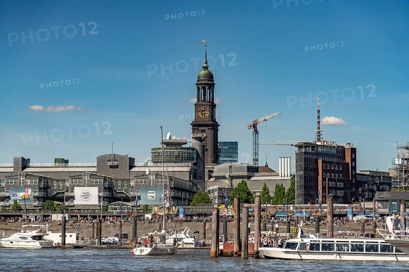 Elbe promenade and main church of St. Michaelis in the Free Hanseatic City of Hamburg, Germany