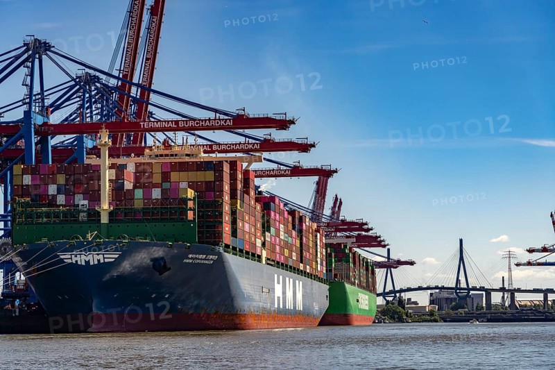 Container ship HMM Copenhagen at the Burchardkai container terminal in the port of Hamburg, Germany