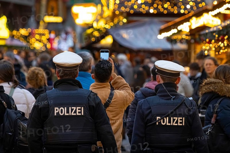 Two policemen patrol the Frankfurt Christmas market, Römerberg, Frankfurt am Main, Hesse, Germany