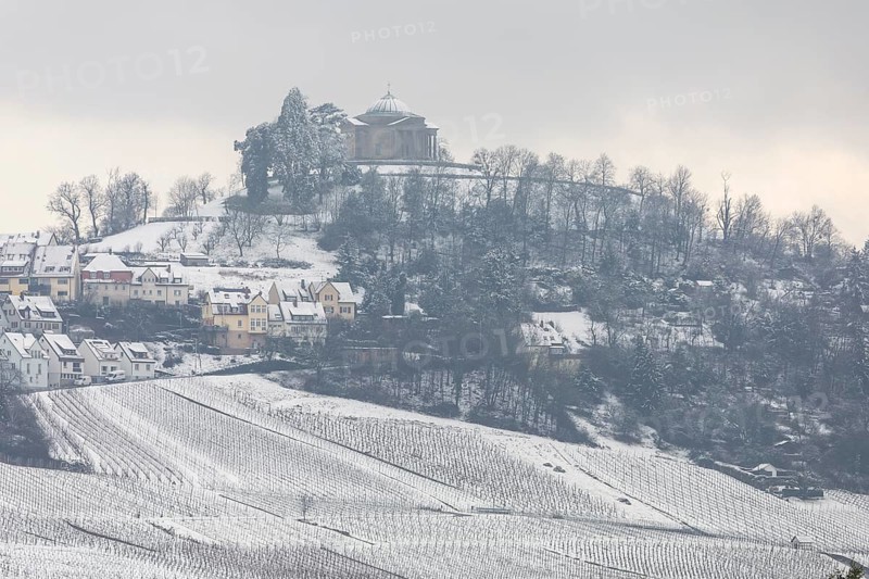 Burial chapel in WÃ¼rttemberg. Snowy vineyards in the Stuttgart region in winter. Winter view of the vineyards in Fellbach, Kappelberg, Germany