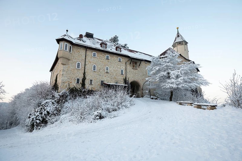 Sunrise over the snow-covered Teck Castle. Baden-WÃ¼rttemberg, Germany