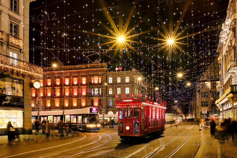 Zurich fairy tale tram on Bahnhofstrasse am Paradeplatz, tram as a fairy tale under the Christmas lights Lucy, Zurich, Canton of Zurich, Switzerland