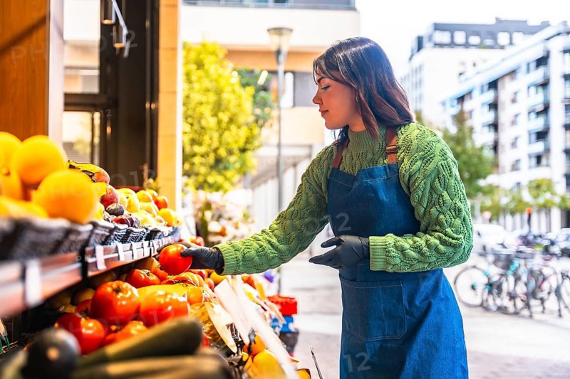 Young greengrocer woman wearing an apron and gloves arranging fresh organic fruits and vegetables on a market stall outdoors, focusing on customer service and quality