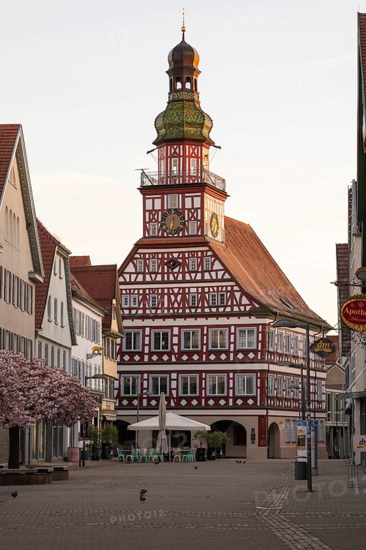 Kirchheim unter Teck, Baden-WÃ¼rttemberg, MarktstraÃŸe with historic half-timbered town hall at sunrise in spring and cherry blossom
