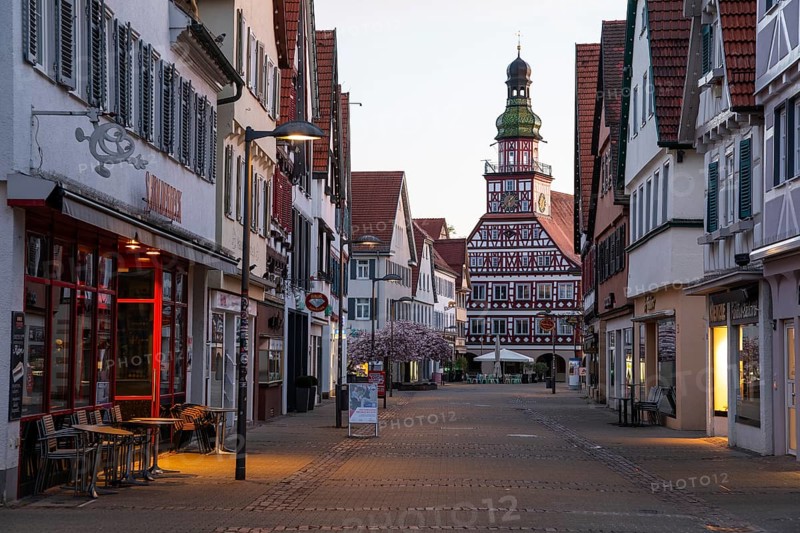 Kirchheim unter Teck, Baden-WÃ¼rttemberg, MarktstraÃŸe with historic half-timbered town hall at sunrise in spring and cherry blossom
