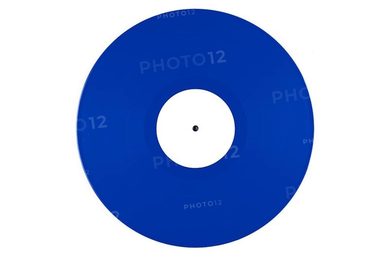 Blue vinyl record with a white label in the middle on a white background