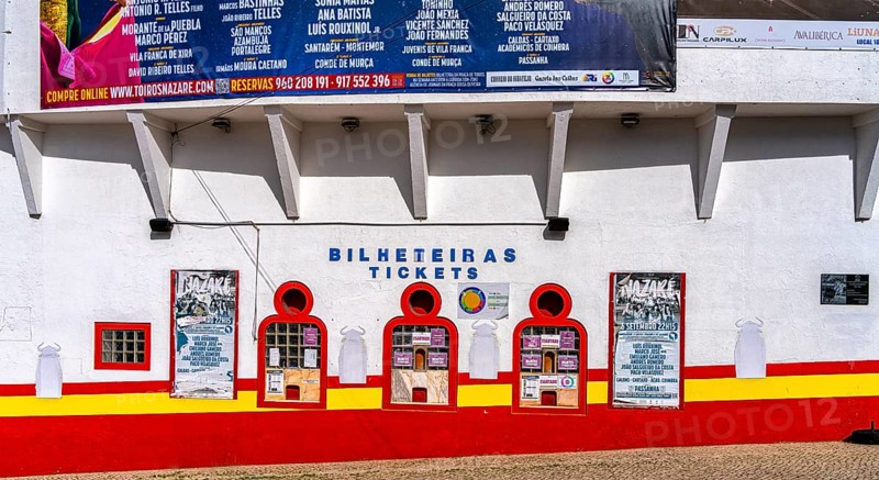 Cash boxes at the entrance to the bullring in Nazare, Portugal