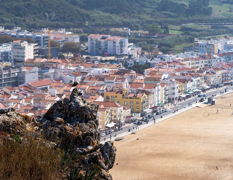 View from Leuct Tower towards orange tiled roofs in the town of Nazare, Estremadura, Portugal