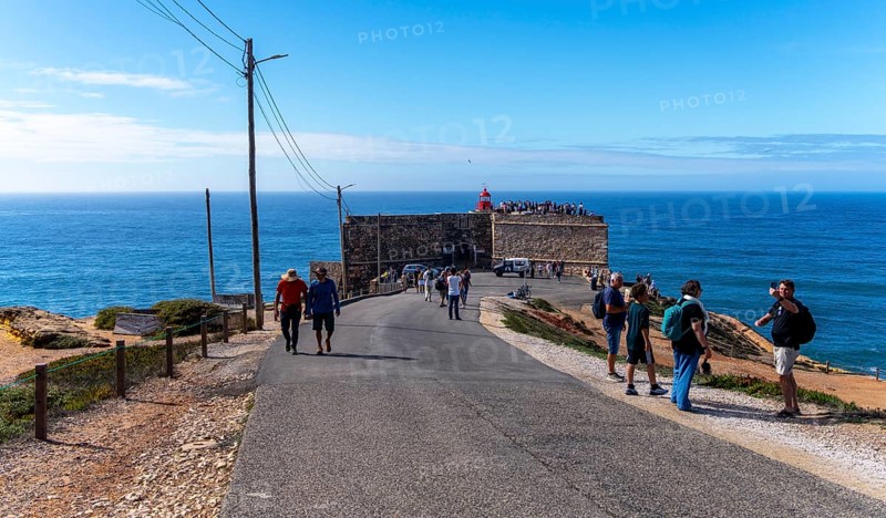 The Farol de Nazare lighthouse, an annual meeting point in autumn to watch the big waves on the North Beach, Nazaré, Portugal