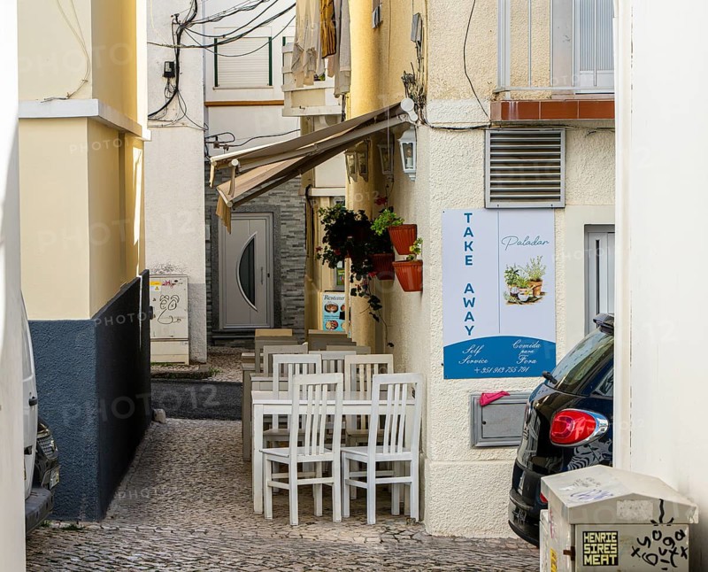 Typical Mediterranean architecture with small narrow streets and streets, Nazare, Portugal