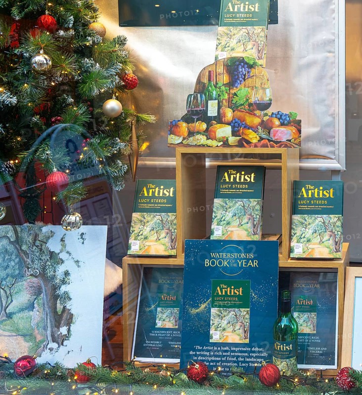 Waterstones Book of the Year, The Artist by Lucy Steeds, books in window display of Waterstones bookshop, Ipswich, Suffolk, England, UK