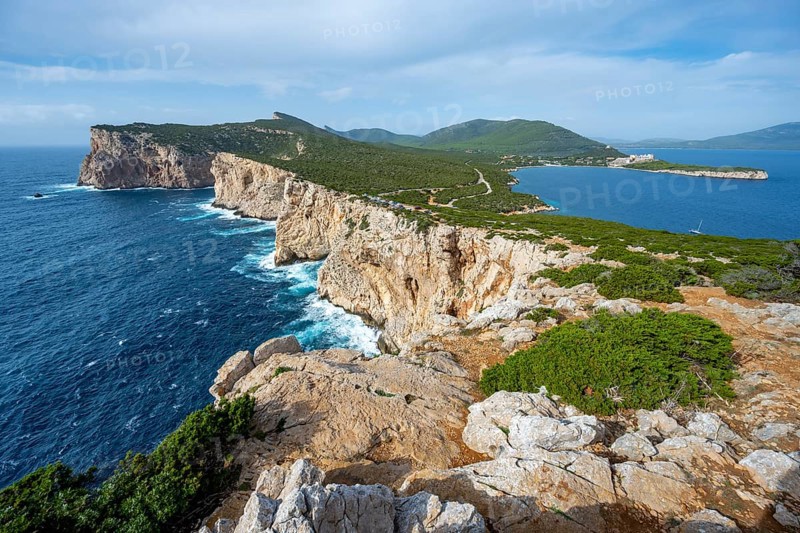 Steep cliffs by the sea, coastal landscape, cliffs on the Capo Caccia headland, Alghero, Sardinia, Italy