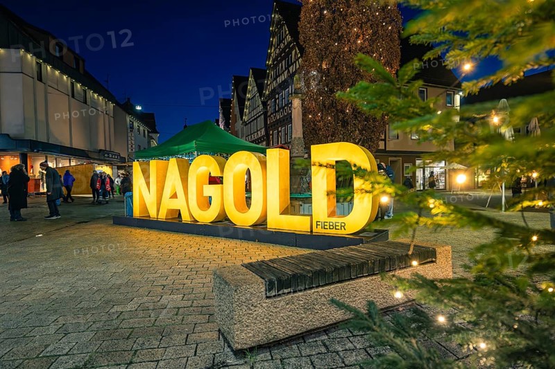 Illuminated Nagold lettering on Christmas market with Christmas tree, Christmas market 2025, Nagold, Black Forest, Calw district, Germany
