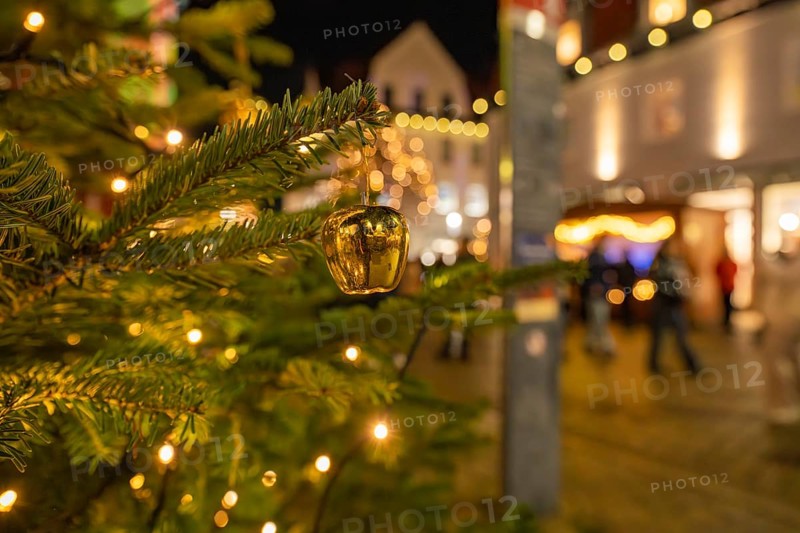 Golden Christmas decoration on a branch, festive lighting in an urban environment, Christmas market 2025, Nagold, Black Forest, Calw district, Germany
