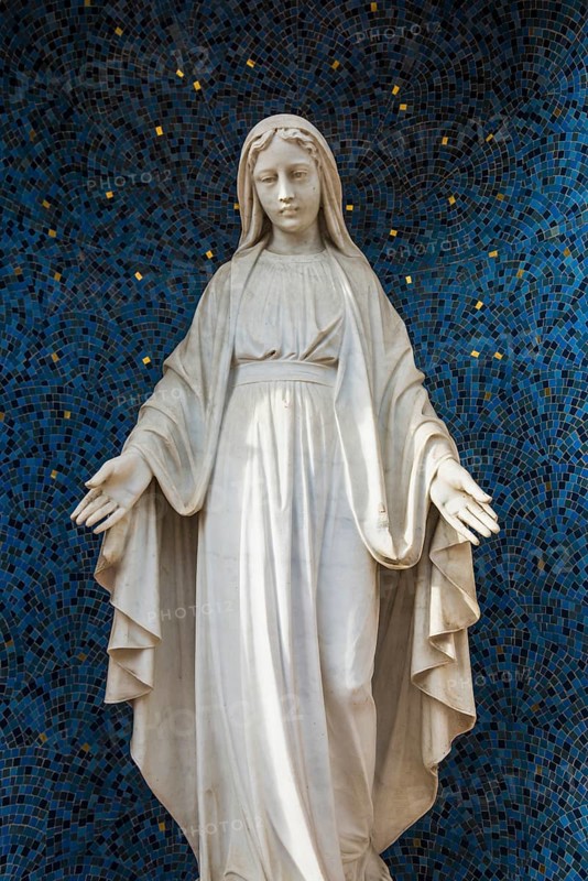 Marble Madonna in front of a blue mosaic, Wissembourg, Weissenburg, Alsace, Bas-Rhin department, France